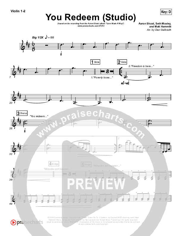 You Redeem (Studio) Violin 1/2 (Aaron Shust)