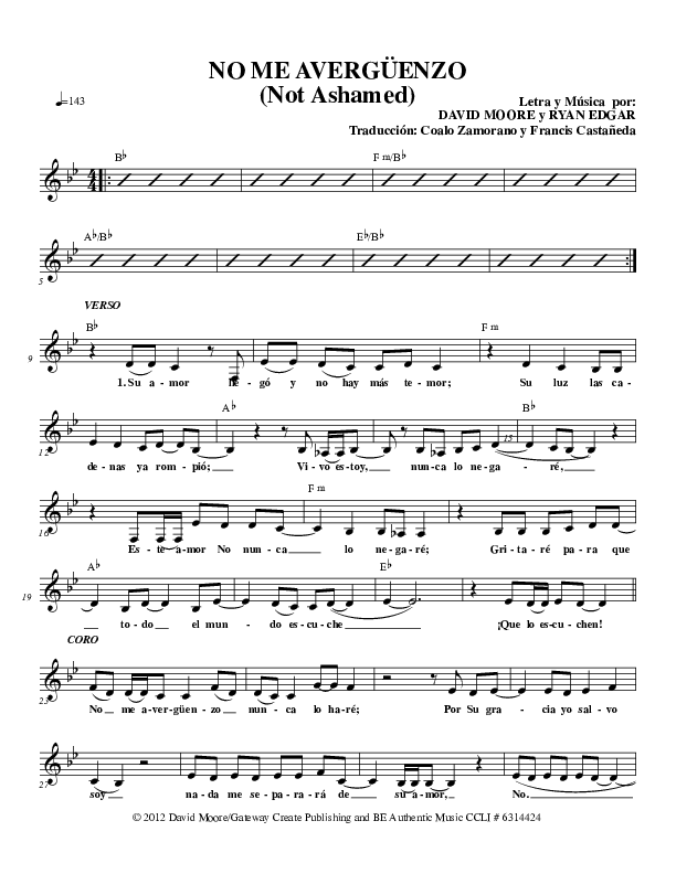 No Me Averguenzo (Not Ashamed) Lead Sheet (Gateway Worship Español)