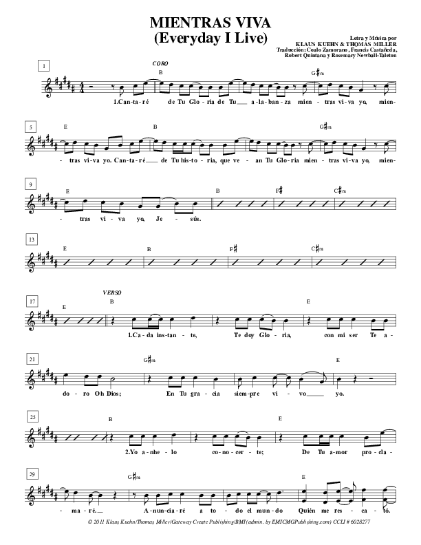 Mientras Viva (Everyday I Live) Lead Sheet (Gateway Worship Español)