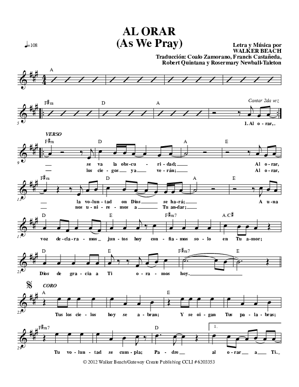 Al Orar (As We Pray) Lead Sheet (Gateway Worship Español)