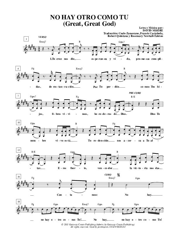No Hay Otro Como Tu (Great Great God) Lead Sheet (Gateway Worship Español)
