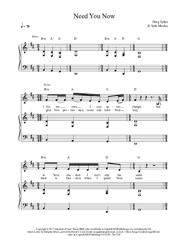 Need You Now Piano/Vocal (Greg Sykes)