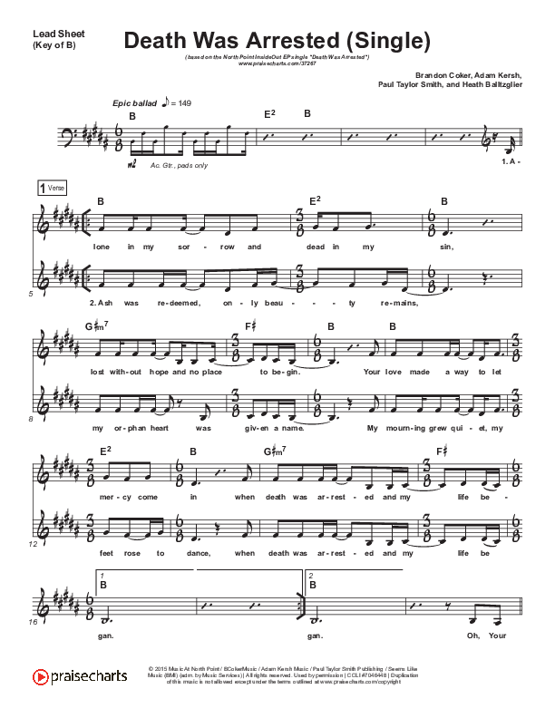 Death Was Arrested Lead Sheet (Melody) (North Point Worship / Seth Condrey)