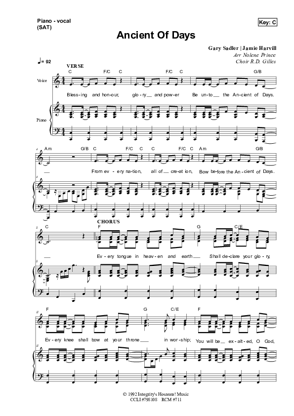 Ancient Of Days Piano/Vocal (SAT) (Dennis Prince / Nolene Prince)