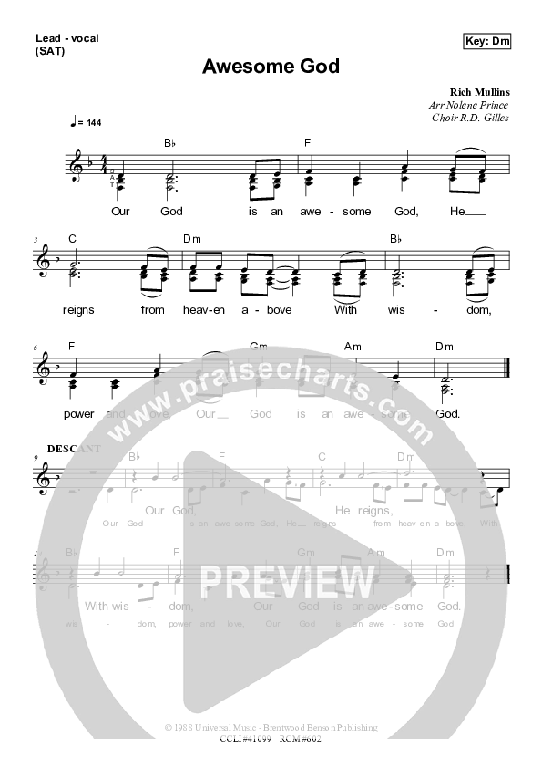 Awesome God Lead Sheet (SAT) (Dennis Prince / Nolene Prince)