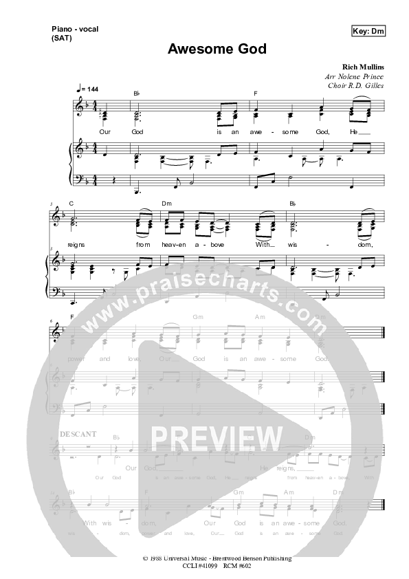 Awesome God Piano/Vocal (SAT) (Dennis Prince / Nolene Prince)