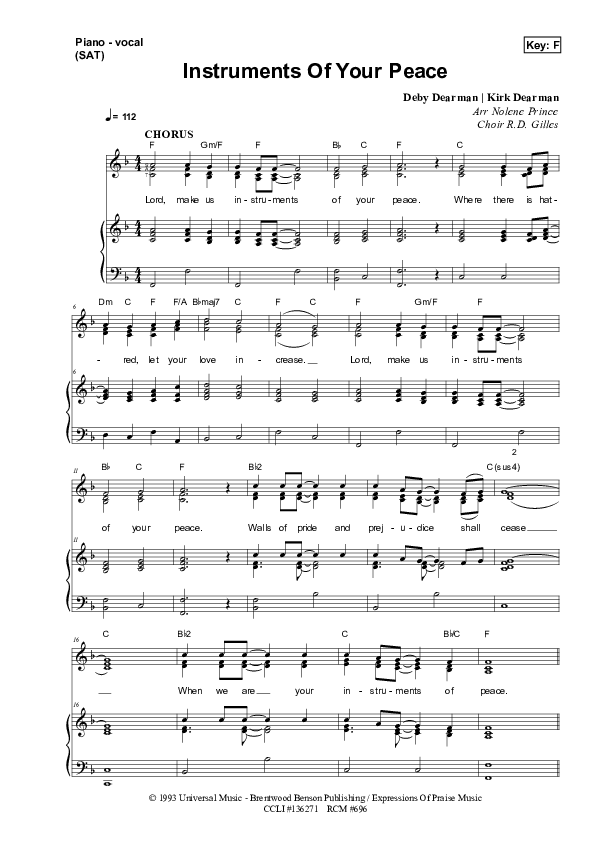 Instruments Of Your Peace Piano/Vocal (SAT) (Dennis Prince / Nolene Prince)