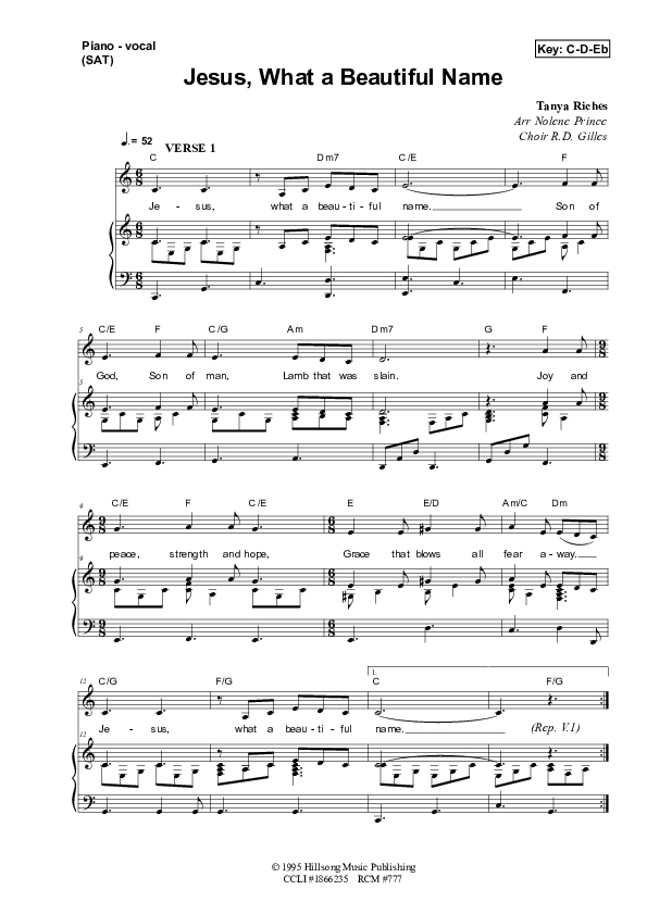 Jesus What A Beautiful Name Piano/Vocal (SAT) (Dennis Prince / Nolene Prince)