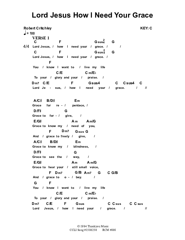 Lord Jesus How I Need Your Grace Chord Chart (Dennis Prince / Nolene Prince)