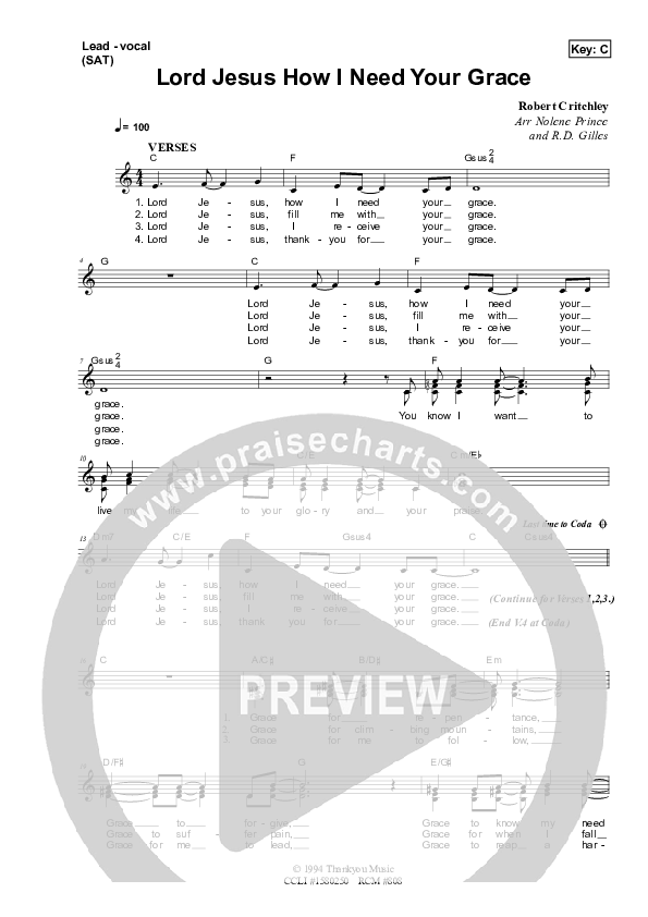 Lord Jesus How I Need Your Grace Piano/Vocal & Lead (Dennis Prince / Nolene Prince)