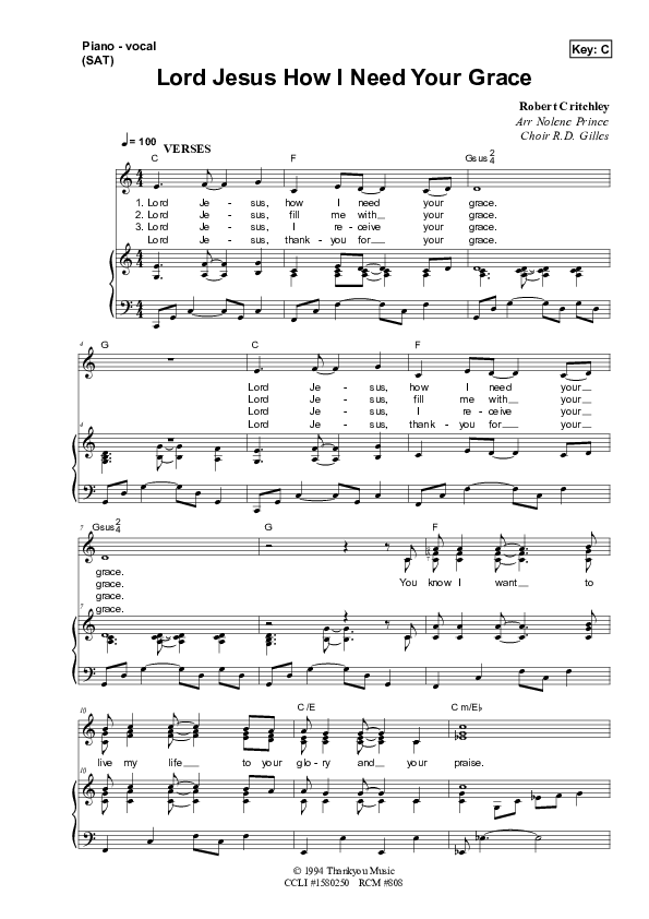 Lord Jesus How I Need Your Grace Piano/Vocal & Lead (Dennis Prince / Nolene Prince)