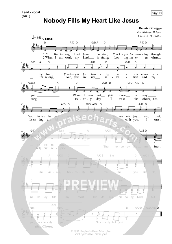Nobody Fills My Heart Like Jesus Lead Sheet (SAT) (Dennis Prince / Nolene Prince)
