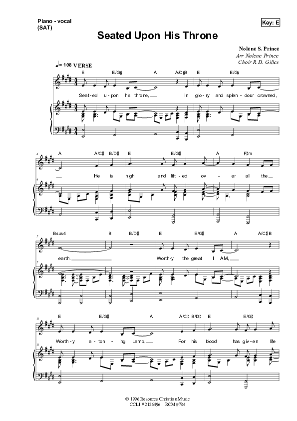 Seated Upon His Throne Piano/Vocal & Lead (Dennis Prince / Nolene Prince)