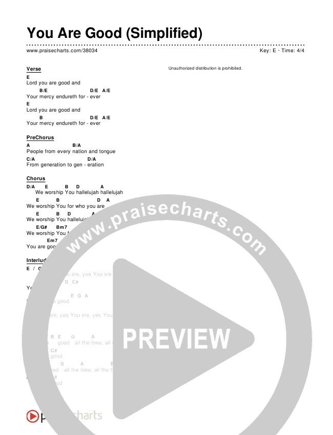 You Are Good (Simplified) Chords PDF (Israel Houghton) - PraiseCharts