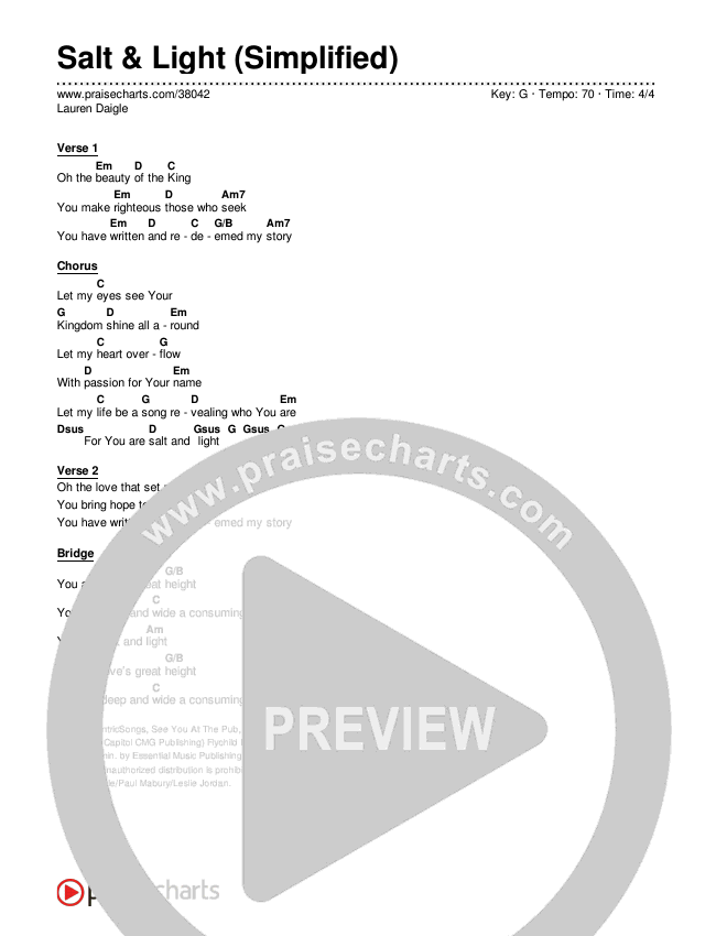 Salt & Light (Simplified) Chord Chart ()