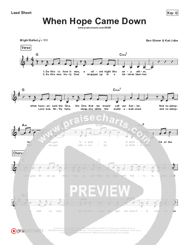 When Hope Came Down  (Simplified) Lead Sheet (Kari Jobe)
