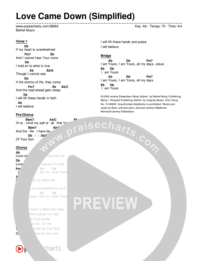 Love Came Down (Simplified) Chord Chart (Bethel Music)