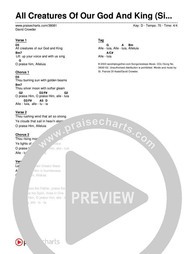 All Creatures Of Our God And King (Simplified) Chord Chart (David Crowder)