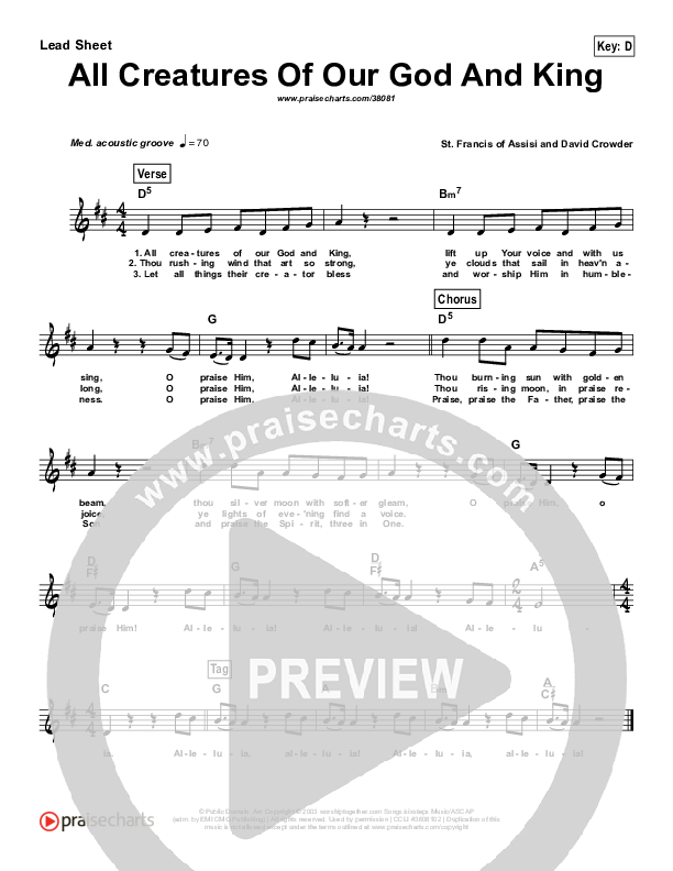 All Creatures Of Our God And King (Simplified) Lead Sheet (David Crowder)