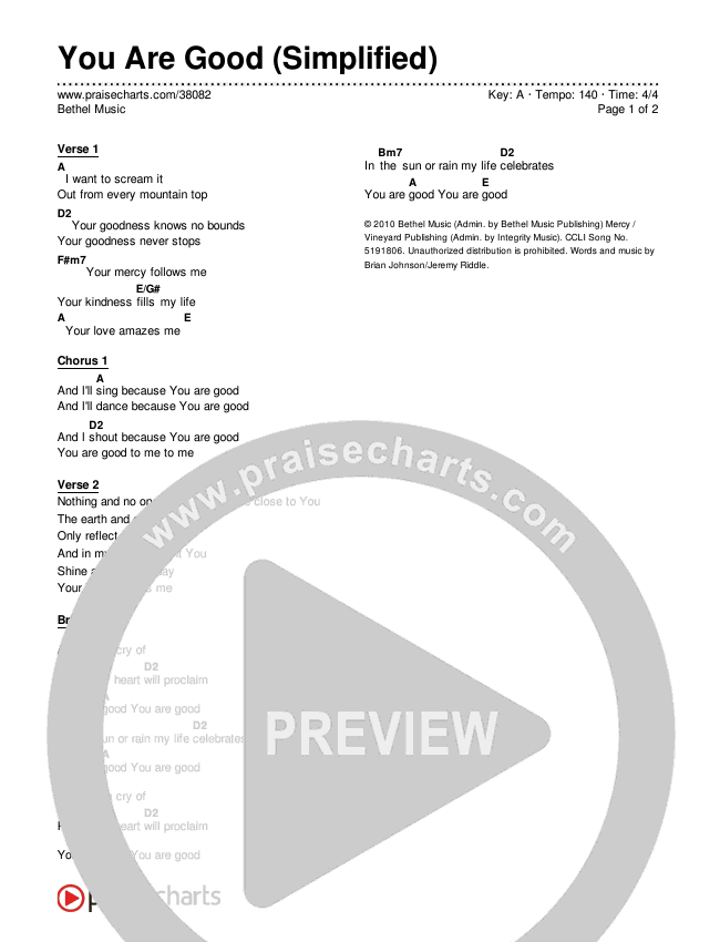 You Are Good (Simplified) Chord Chart (Bethel Music)