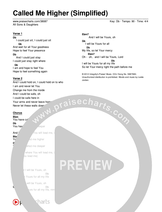 Called Me Higher (Simplified) Chord Chart ()