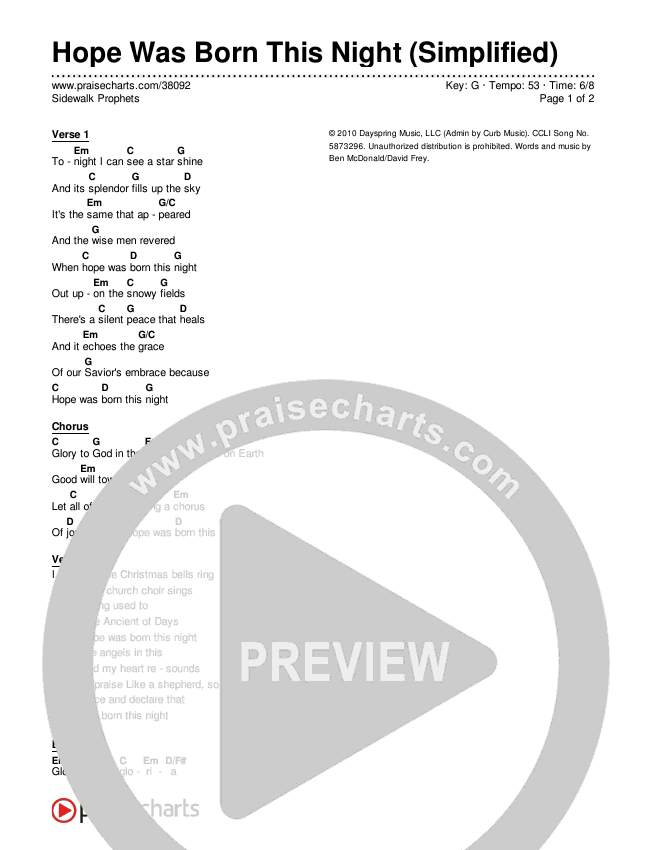 Hope Was Born This Night (Simplified) Chord Chart ()
