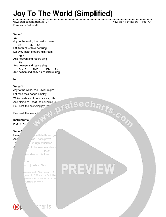 Joy To The World (Simplified) Chord Chart (Francesca Battistelli)
