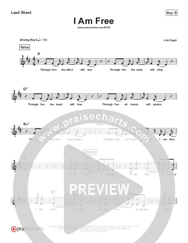 I Am Free (Simplified) Lead Sheet (New Life Worship)