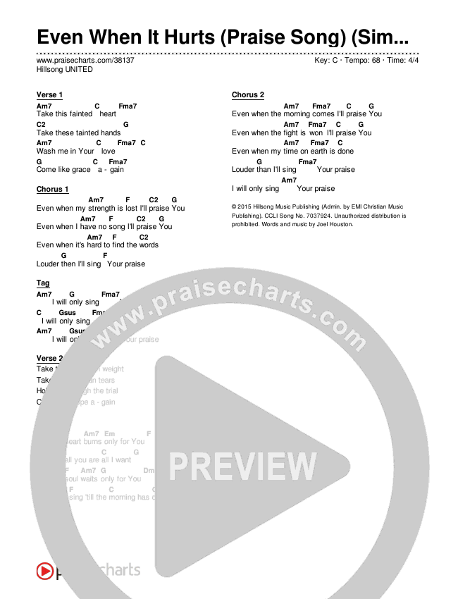 Even When It Hurts (Praise Song) (Simplified) Chord Chart (Hillsong UNITED)