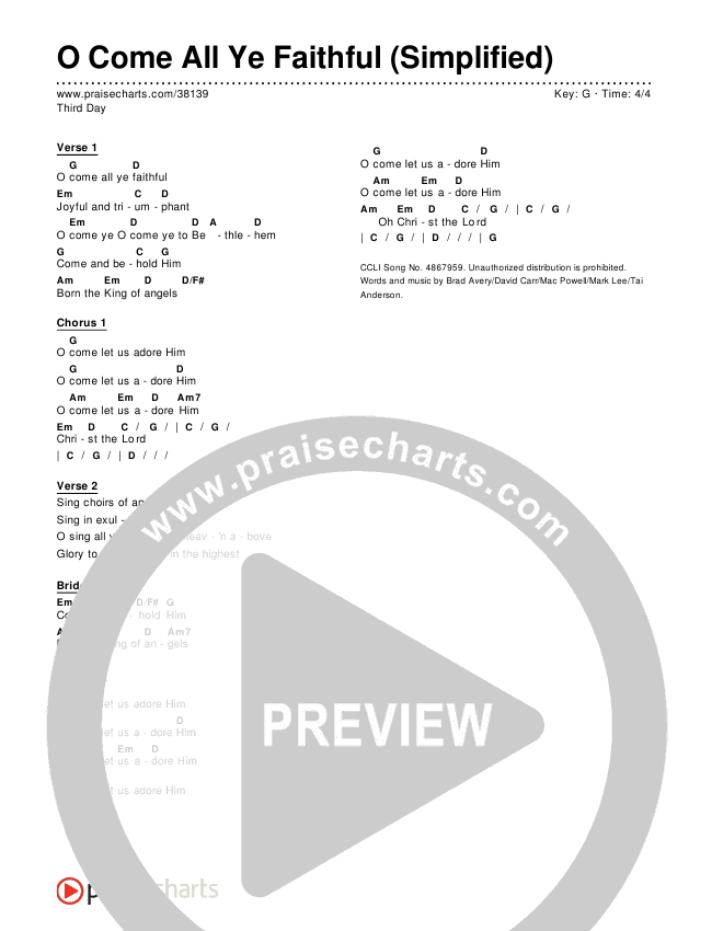O Come All Ye Faithful (Simplified) Chord Chart (Third Day)