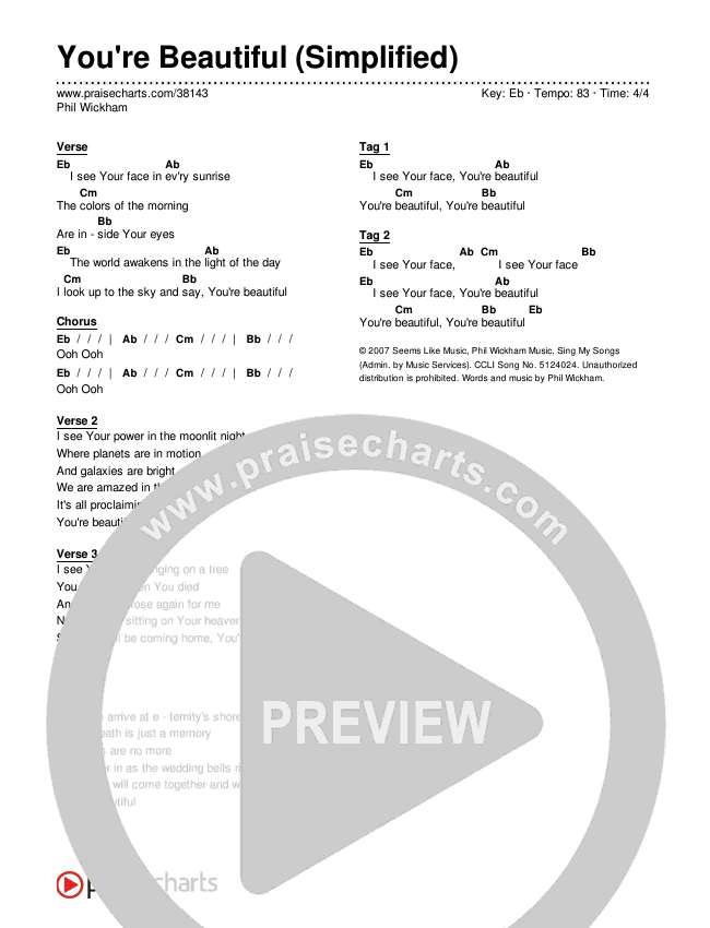 You're Beautiful (Simplified) Chord Chart ()