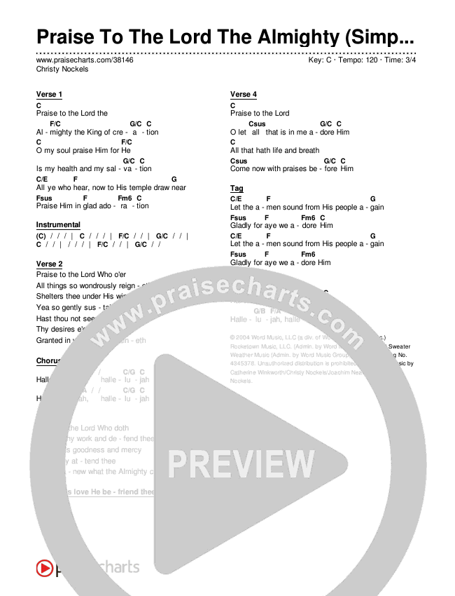 Praise To The Lord The Almighty (Simplified) Chord Chart (Christy Nockels)