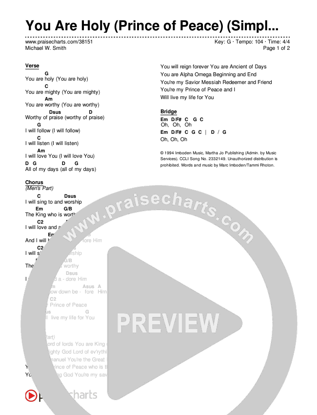 You Are Holy (Prince of Peace) (Simplified) Chord Chart ()
