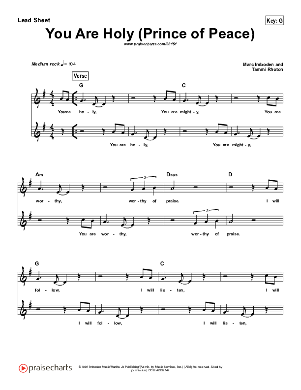 You Are Holy (Prince of Peace) (Simplified) Lead Sheet ()