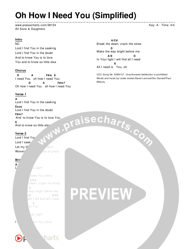 Oh How I Need You (Simplified) Chord Chart ()