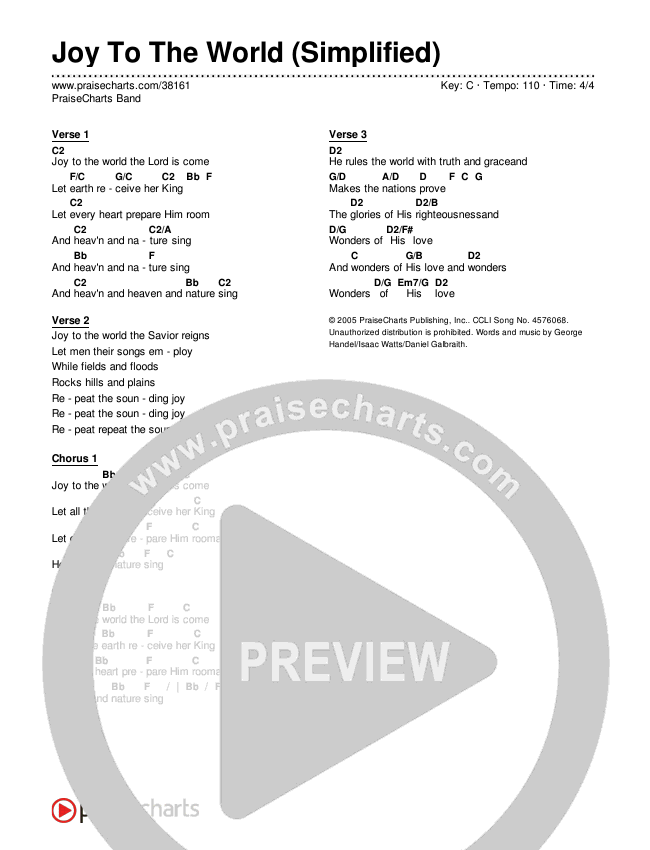 Joy To The World (Simplified) Chord Chart (PraiseCharts Band)