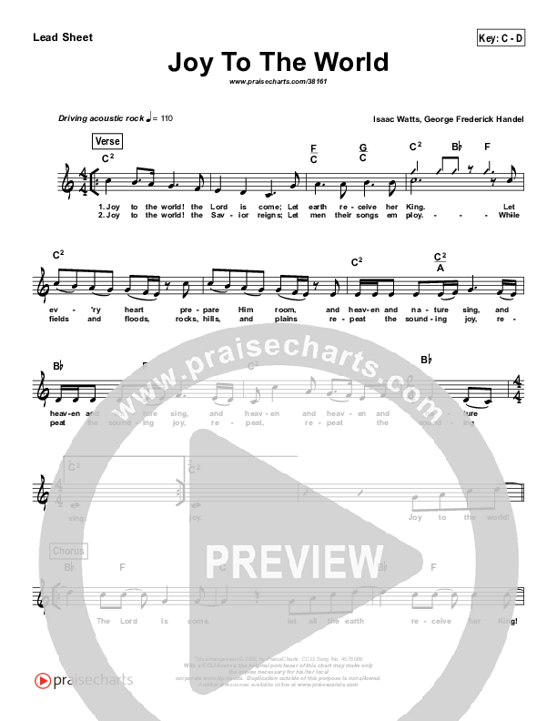 Joy To The World (Simplified) Lead Sheet (PraiseCharts Band)