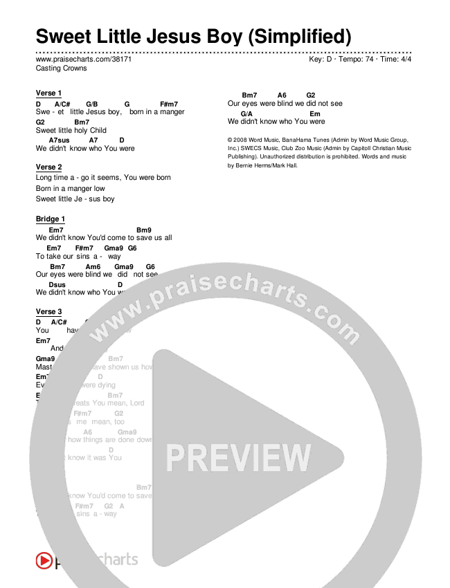 Sweet Little Jesus Boy (Simplified) Chord Chart ()
