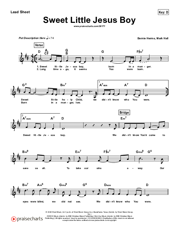 Sweet Little Jesus Boy (Simplified) Lead Sheet ()