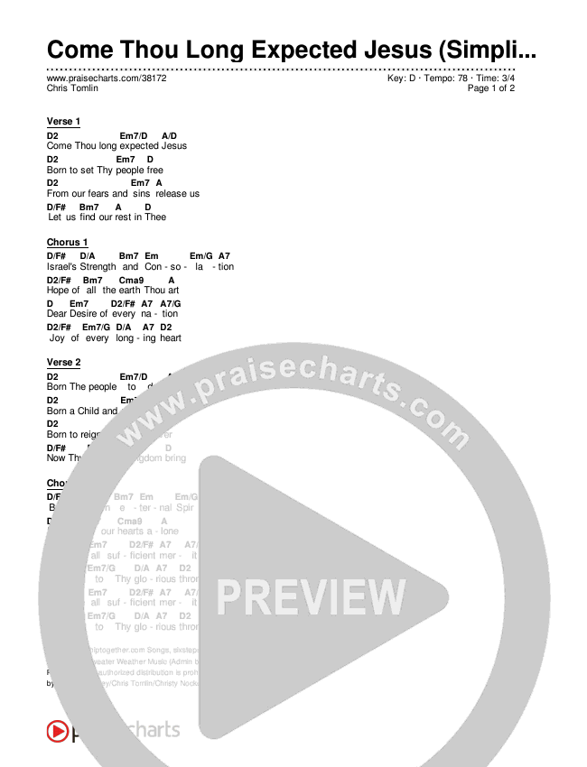 Come Thou Long Expected Jesus (Simplified) Chord Chart (Chris Tomlin)