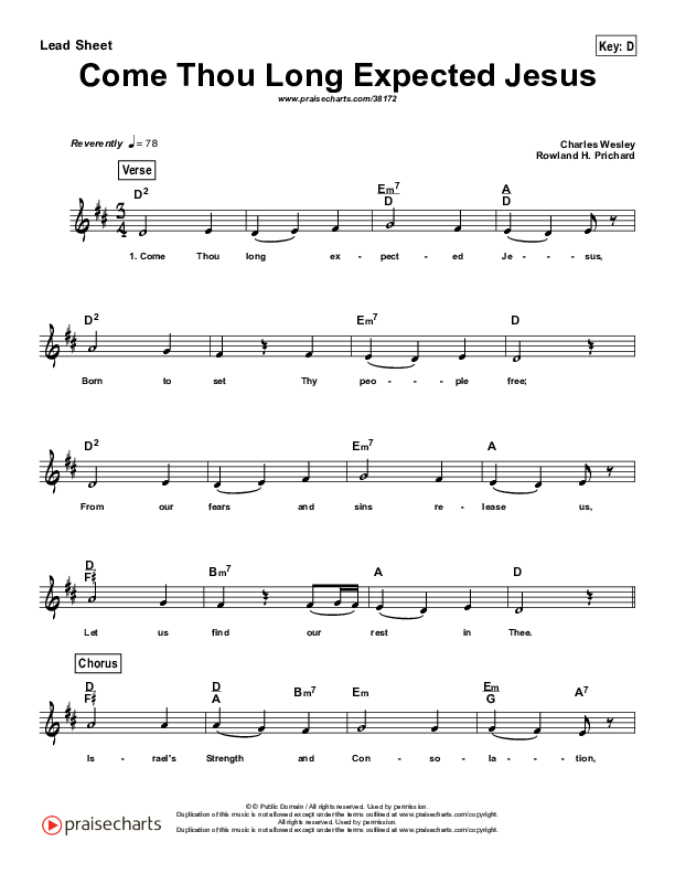 Come Thou Long Expected Jesus (Simplified) Lead Sheet (Chris Tomlin)