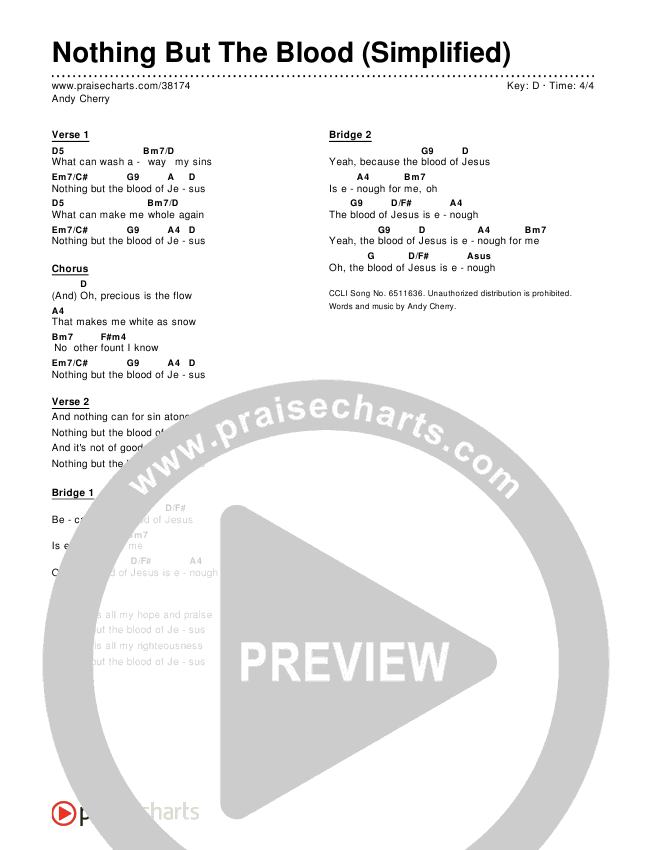 Nothing But The Blood (Simplified) Chord Chart (Andy Cherry)