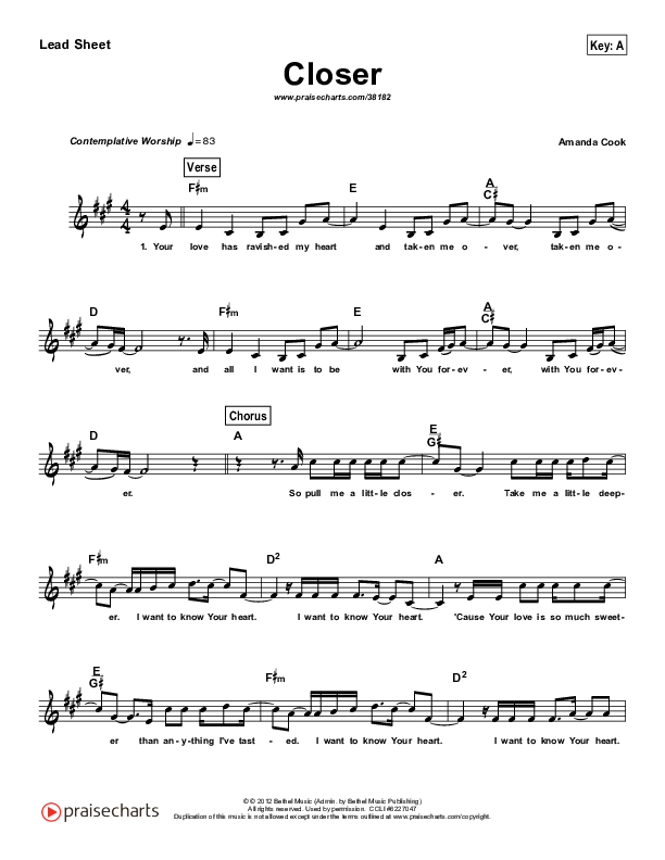 Closer (Simplified) Lead Sheet (Bethel Music)