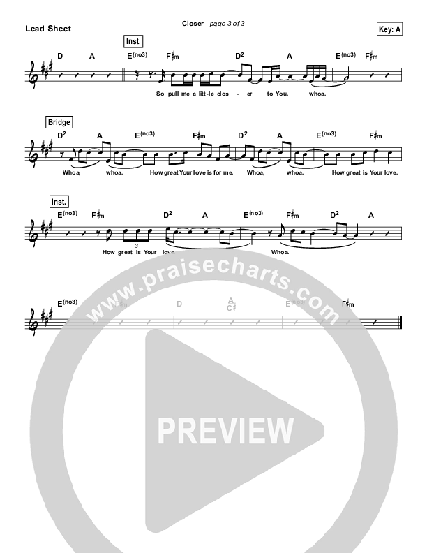 Closer (Simplified) Lead Sheet (Bethel Music)