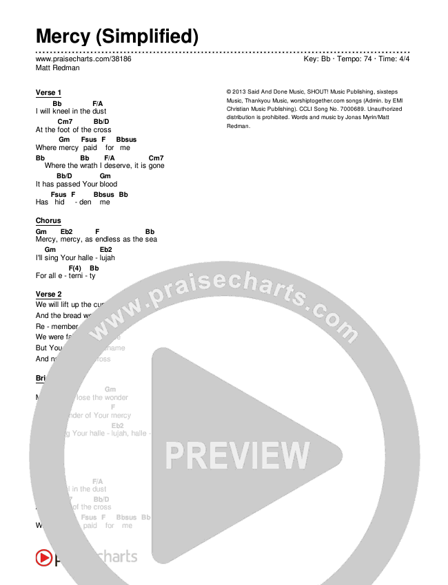 Mercy (Simplified) Chord Chart (Matt Redman)