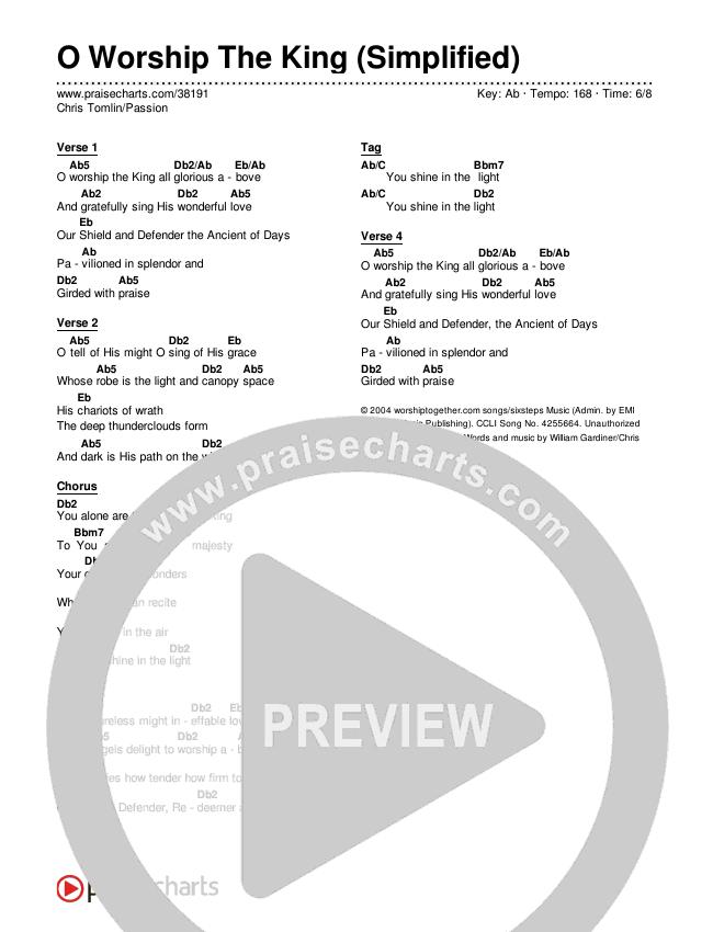 O Worship The King (Simplified) Chord Chart ()