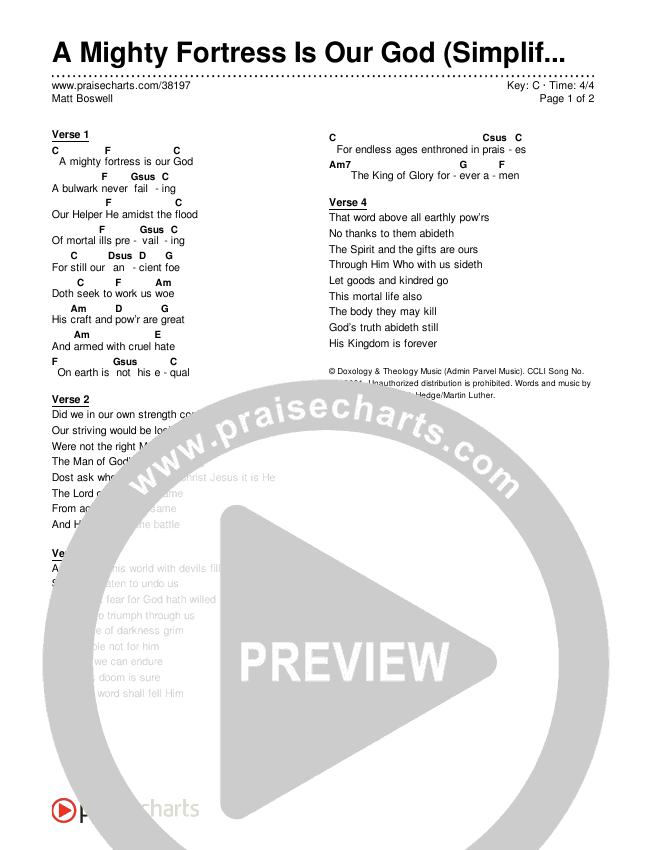 A Mighty Fortress Is Our God (Simplified) Chord Chart (Matt Boswell)