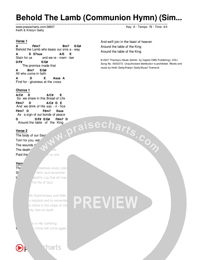 Behold The Lamb (Communion Hymn) (Simplified) Chord Chart ()