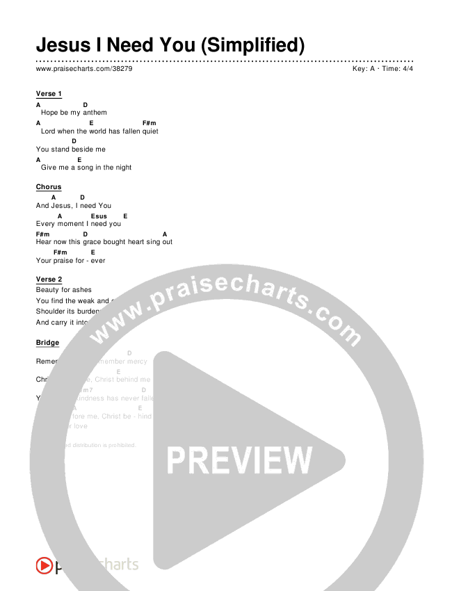 Jesus I Need You (Simplified) Chord Chart ()