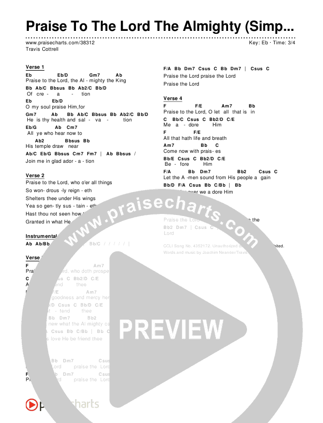Praise To The Lord The Almighty (Simplified) Chord Chart (Travis Cottrell)